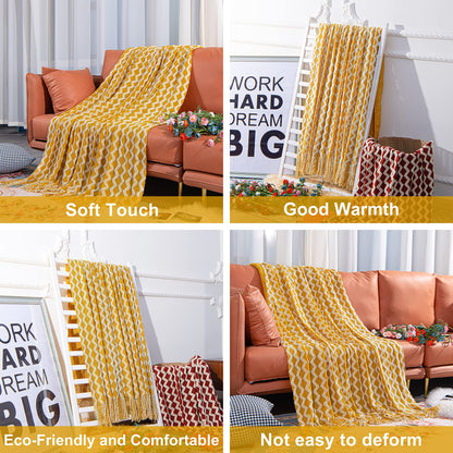 NTBAY Acrylic Knitted Throw Blanket, Lightweight and Soft Cozy Decorative Woven Blanket with Tassels for Travel, Couch, Bed, Sofa, 51x67 Inches, Mustard Yellow Wave