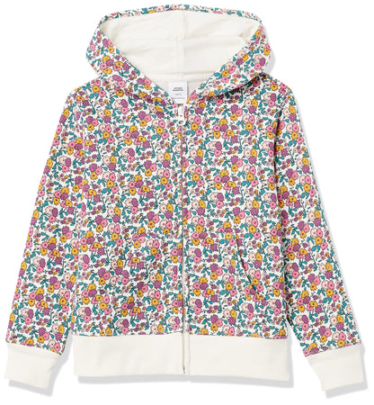 Amazon Essentials Girls' Fleece Zip-Up Hoodie Sweatshirt, White Ditsy Floral, X-Small