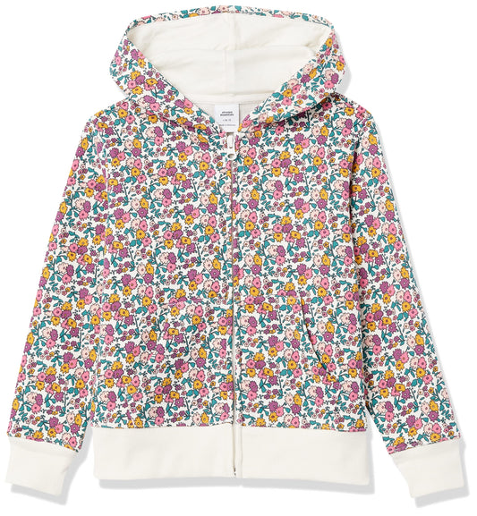 Amazon Essentials Girls' Fleece Zip-Up Hoodie Sweatshirt, White Ditsy Floral, X-Small