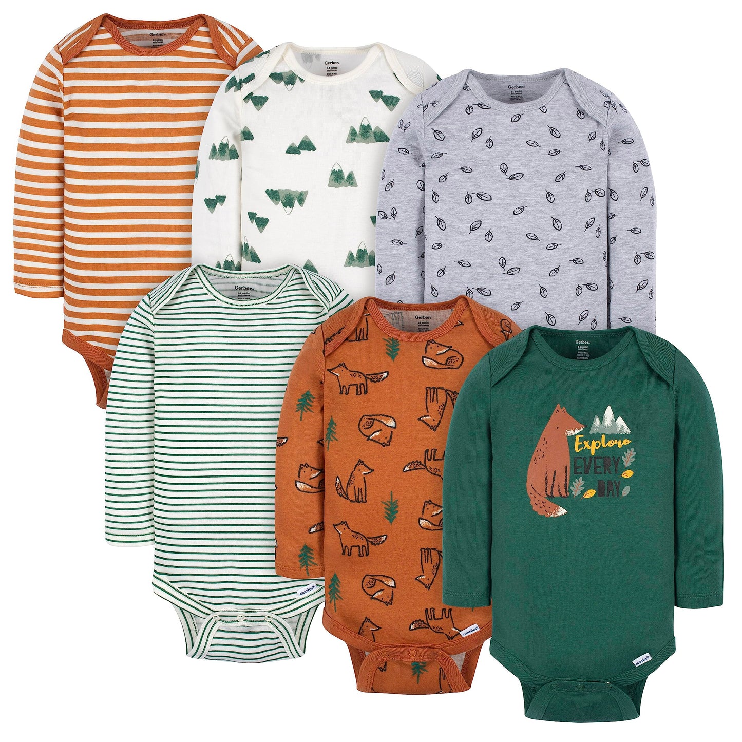 Gerber Baby Boys' 6-Pack Long-Sleeve Onesies Bodysuit, Green Fox