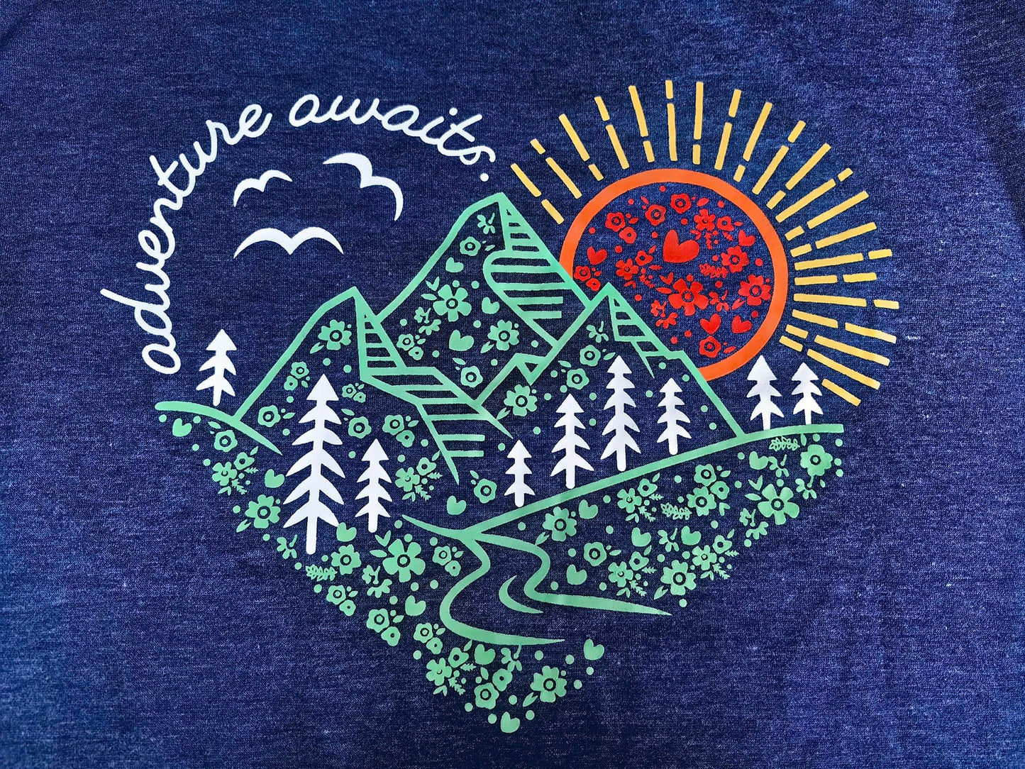 Adventure Awaits Shirt for Women Funny Mountain Road Graphic Kindness Heart Printed Tee Top Hiking Outdoor Workout Tops, Blue M