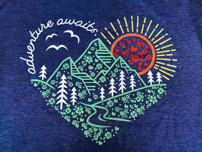 Adventure Awaits Shirt for Women Funny Mountain Road Graphic Kindness Heart Printed Tee Top Hiking Outdoor Workout Tops, Blue M