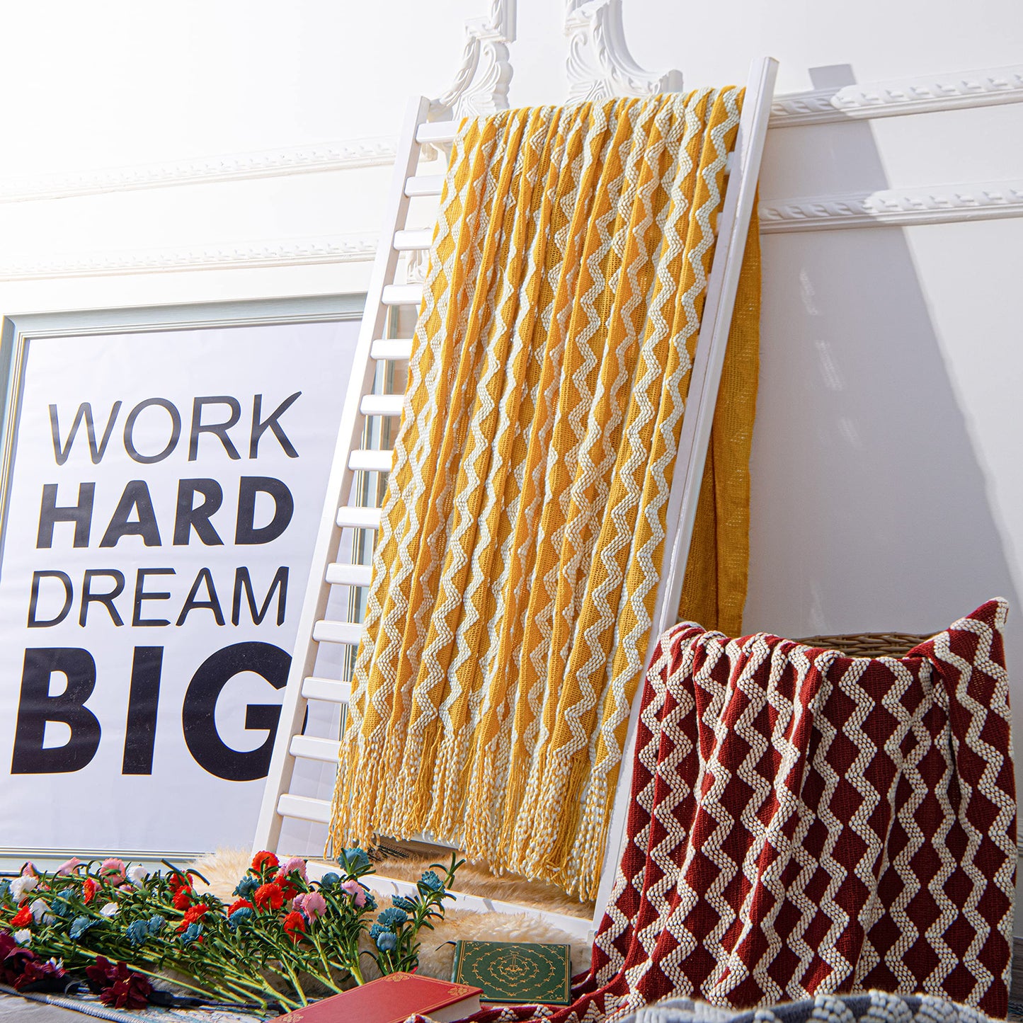 NTBAY Acrylic Knitted Throw Blanket, Lightweight and Soft Cozy Decorative Woven Blanket with Tassels for Travel, Couch, Bed, Sofa, 51x67 Inches, Mustard Yellow Wave