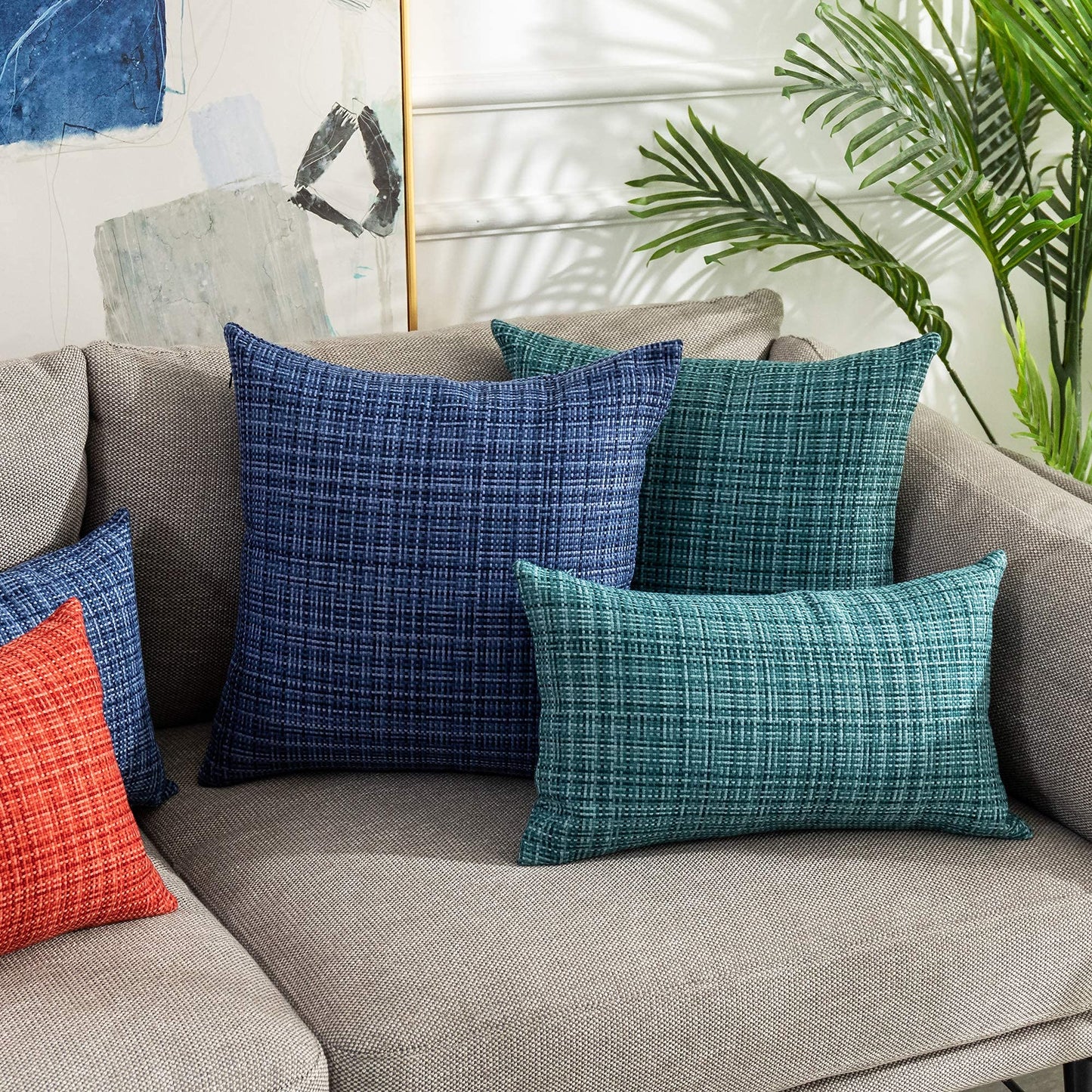 Kevin Textile Pack of 2 Decorative Outdoor Waterproof Throw Pillow Covers Stripe Square Pillowcases Modern Cushion Cases for Patio Couch Bench 20 x 20 Inch Navy Blue