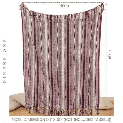 RAJRANG Cotton Braided Striped Throw Blanket with Boho Tassels - 50x60 inches Soft Farmhouse Woven Knitted Blankets - Pomegranate