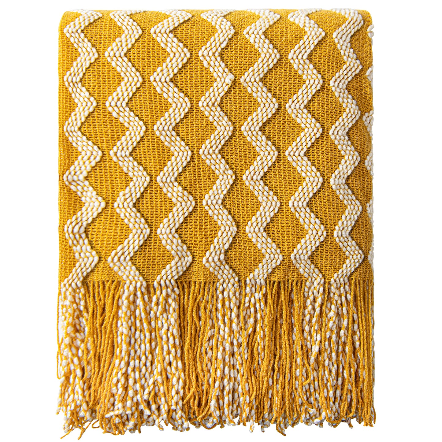 NTBAY Acrylic Knitted Throw Blanket, Lightweight and Soft Cozy Decorative Woven Blanket with Tassels for Travel, Couch, Bed, Sofa, 51x67 Inches, Mustard Yellow Wave