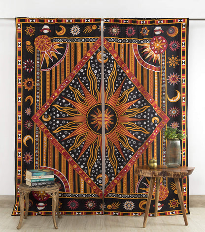Popular Handicrafts Indian Burning Sun Hippie Mandala Window Curtains - Gypsy Bohemian Sun Moon Beautiful Drapery Bedroom Living Room Balcony Valance Panels Golden