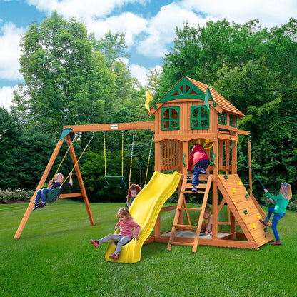 Gorilla Playsets 01-1069-Y Outing Wood Swing Set with Wood Roof and Monkey Bars - Yellow Slide, Amber