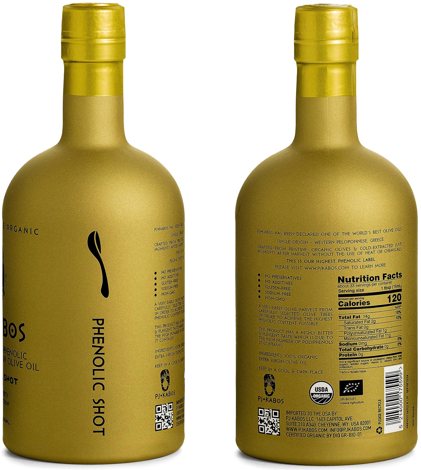 P.J. KABOS 2024/25 Harvest, Extremely High Phenolic (1000+ mg/kg), USDA Organic Greek Extra Virgin Olive Oil, Kosher, Greece, Cold Extracted, 16.9oz Bottle, PJ KABOS “Family Reserve Organic - Phenolic Shot” (6pack)