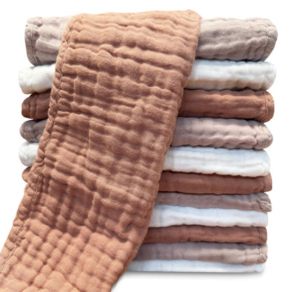 Muslin Burp Cloths for Baby 100% Cotton Burping Cloths for Unisex, Boy, Girl - Large 20'' by 10'' Newborn Essentials Ultra Soft Absorbent Milk Spit Up Rags - 12 Pack - White+Light Bean Paste Series