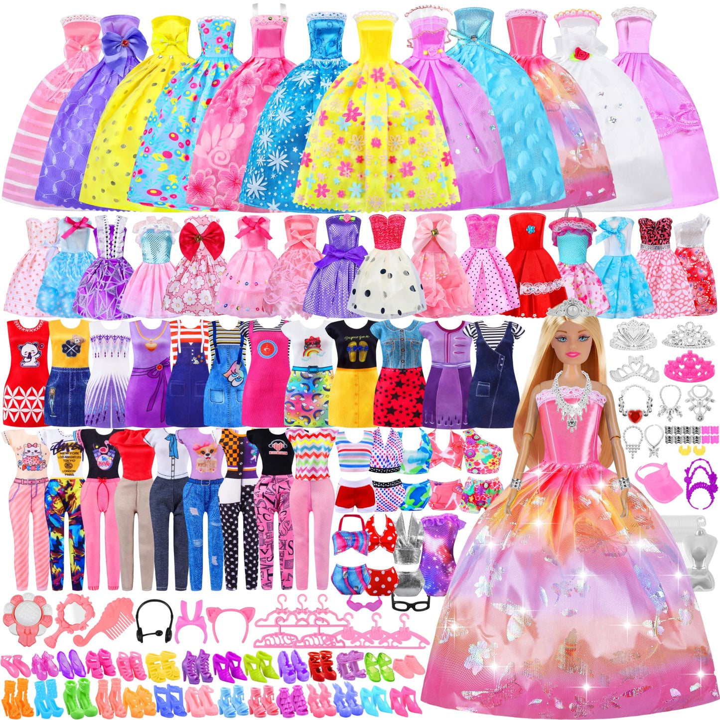 135 Pcs Doll Clothes and Accessories with Doll, Princess Gowns, Fashion Dresses, Slip Dresses, Top, Pants, Jumpsuit, Swimsuits, Shoes, Hangers, Doll Dress up Toys for Girls Kids Toddlers Toy Gifts