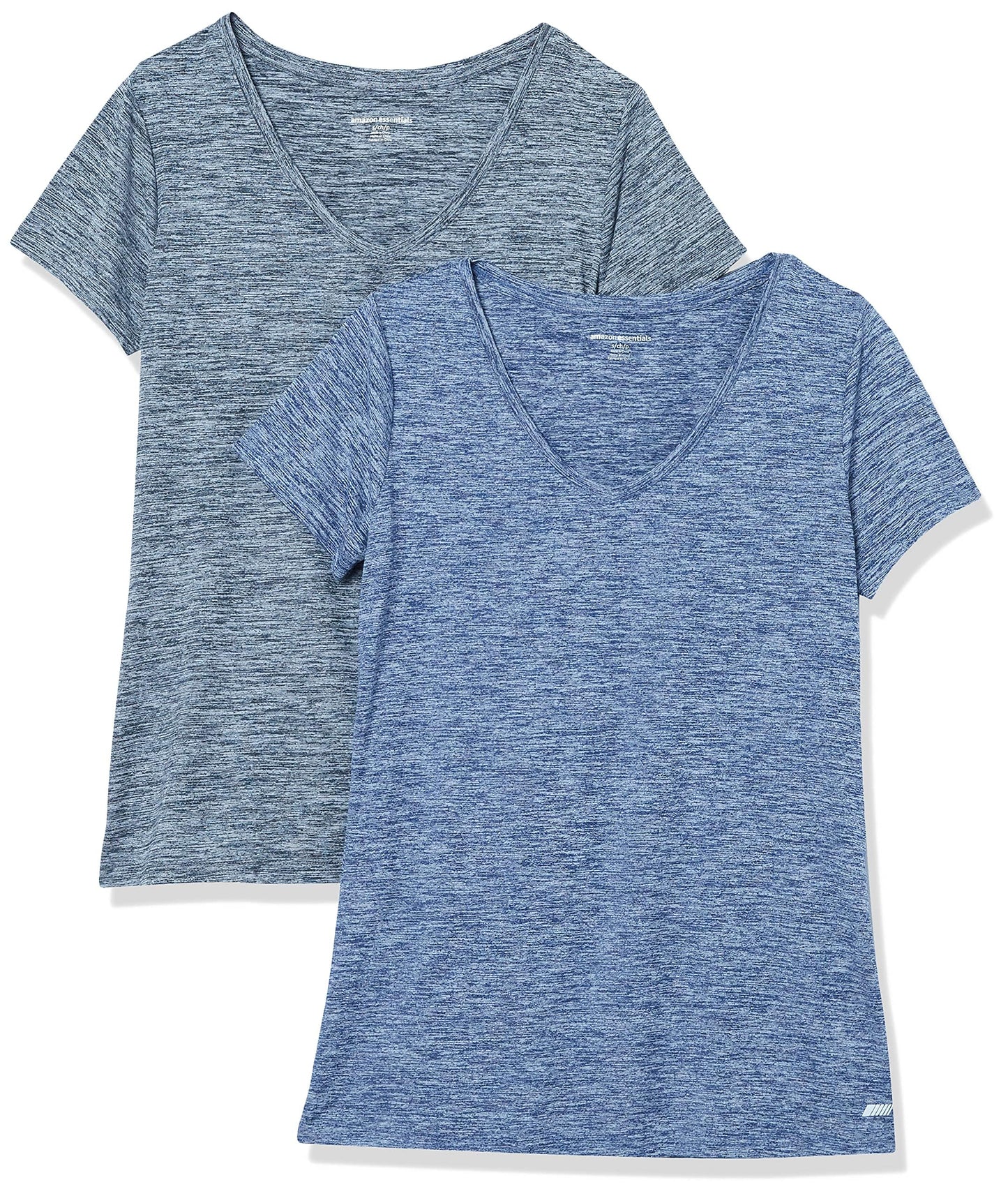 Amazon Essentials Women's Active Quick Dry Tech Stretch Short-Sleeve V-Neck T-Shirt (Available in Plus Size), Pack of 2, Black Heather/Navy Heather, Large