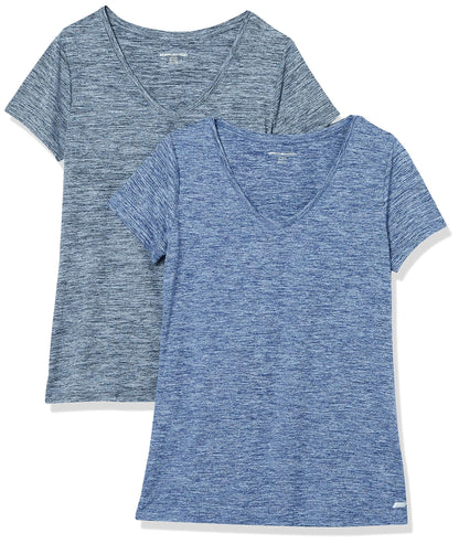 Amazon Essentials Women's Active Quick Dry Tech Stretch Short-Sleeve V-Neck T-Shirt (Available in Plus Size), Pack of 2, Black Heather/Navy Heather, Large