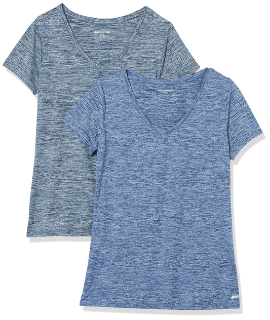 Amazon Essentials Women's Active Quick Dry Tech Stretch Short-Sleeve V-Neck T-Shirt (Available in Plus Size), Pack of 2, Black Heather/Navy Heather, Large