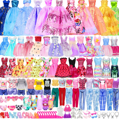 130 Pcs Doll Clothes and Accessories Kit, Including 4 Princess Gowns 8 Fashion Dresses 3 Tops 3 Pants 2 Bikini Swimsuits 20 Shoes 20 Accessories and Hangers for 11"-12" Dolls