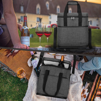 opux 6 Bottle Carrier Tote | Insulated Padded Wine Cooler Bag for Travel. Picnic, BYOB | Portable Leakproof Wine Tote Bag for Dinner, Party, Christmas, Wine Gift for Women, Men (Charcoal Gray)