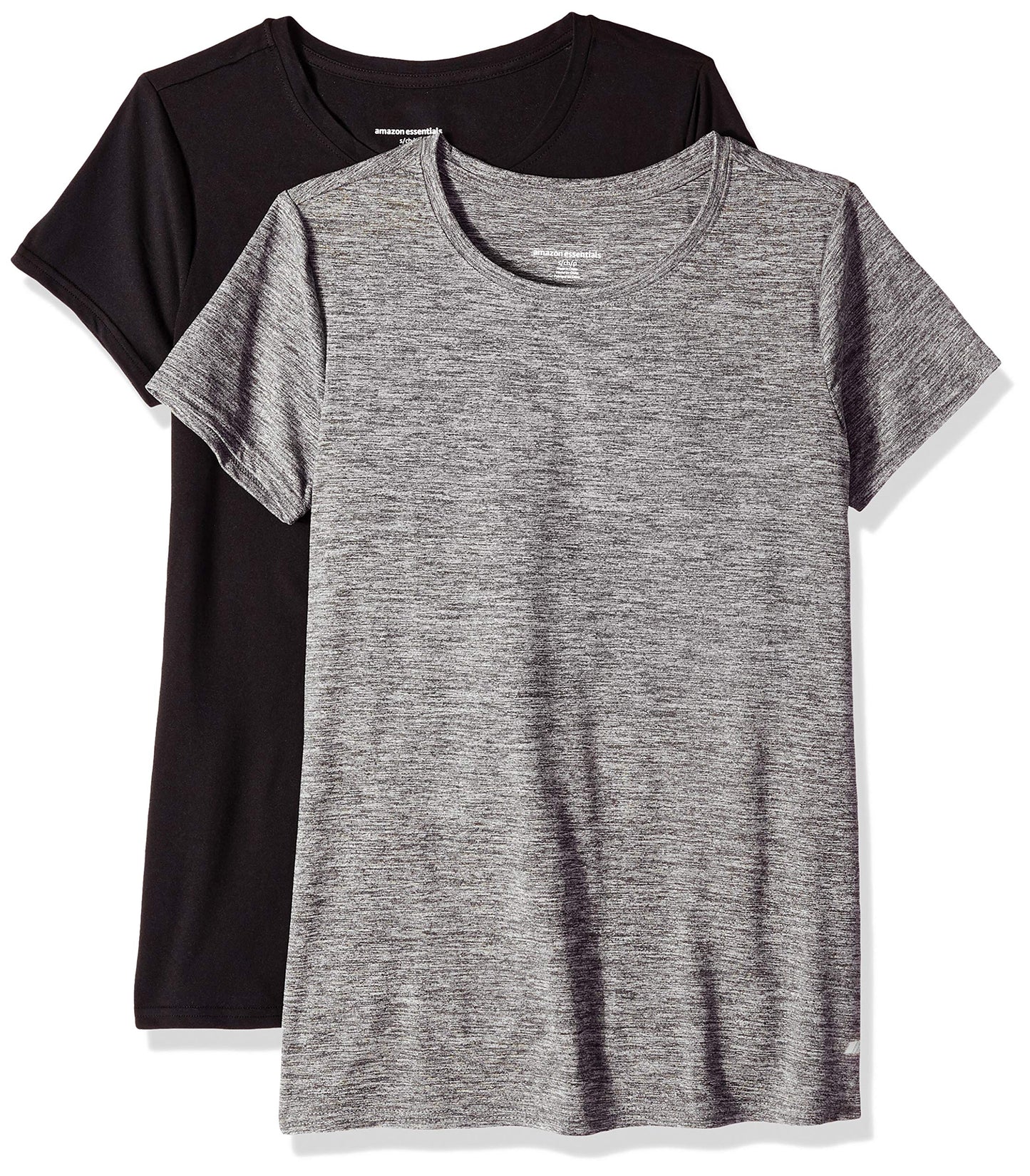 Amazon Essentials Women's Active Quick Dry Tech Stretch Short-Sleeve Crewneck T-Shirt (Available in Plus Size), Pack of 2, Black/Dark Grey Space Dye, Medium