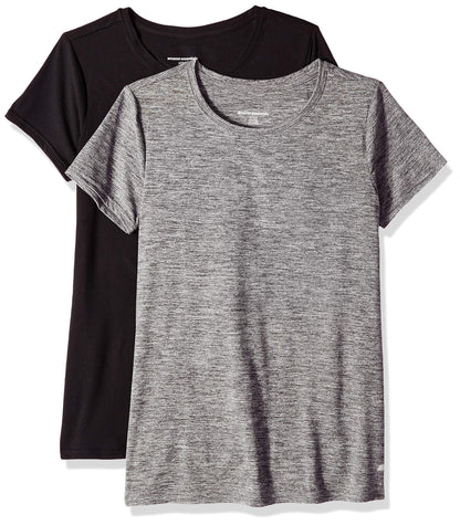 Amazon Essentials Women's Active Quick Dry Tech Stretch Short-Sleeve Crewneck T-Shirt (Available in Plus Size), Pack of 2, Black/Dark Grey Space Dye, Medium