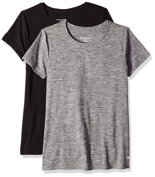 Amazon Essentials Women's Active Quick Dry Tech Stretch Short-Sleeve Crewneck T-Shirt (Available in Plus Size), Pack of 2, Black/Dark Grey Space Dye, Medium