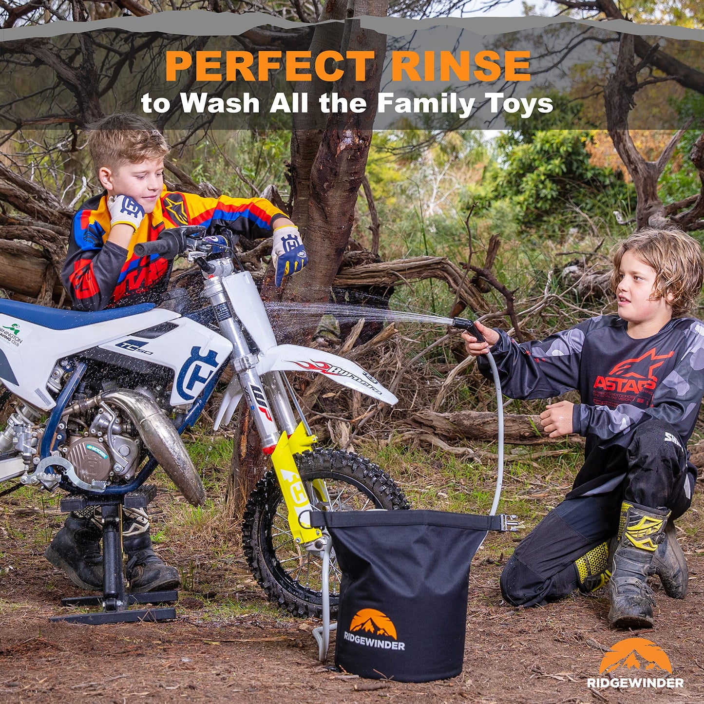 Ridgewinder Portable Shower for Camping with Dry Bag - Camp Shower with Rechargeable Battery and Included 10L Dry Bag for Water Storage. Complete Camping Shower in a Bag (+Sprayer Attachment).