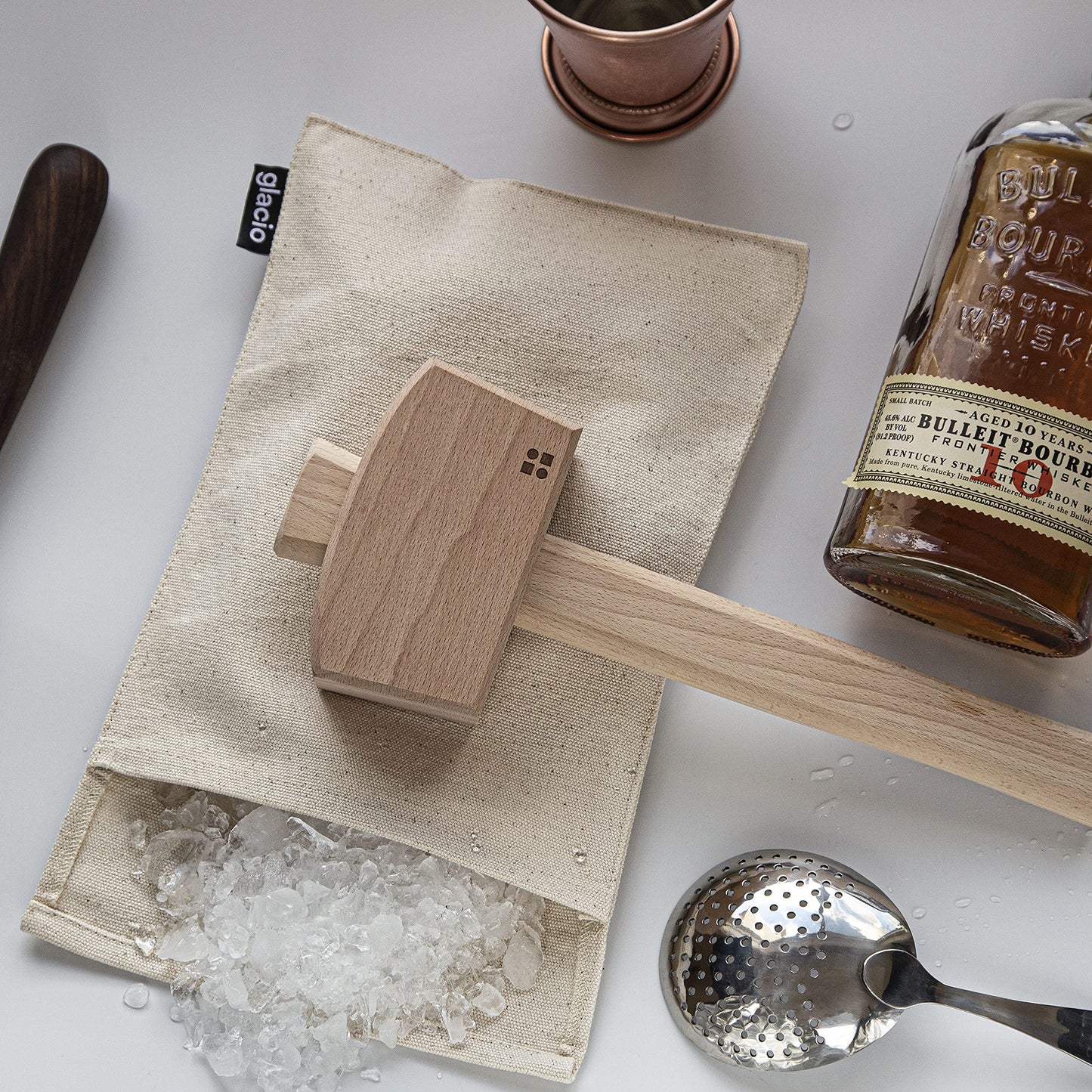glacio Ice Mallet and Lewis Bag Set – Wooden Hammer & Heavy Duty Canvas Bag for Crushed Ice | Reusable Bar Tool for Whiskey Cocktails Mojitos Home Bartending Essentials