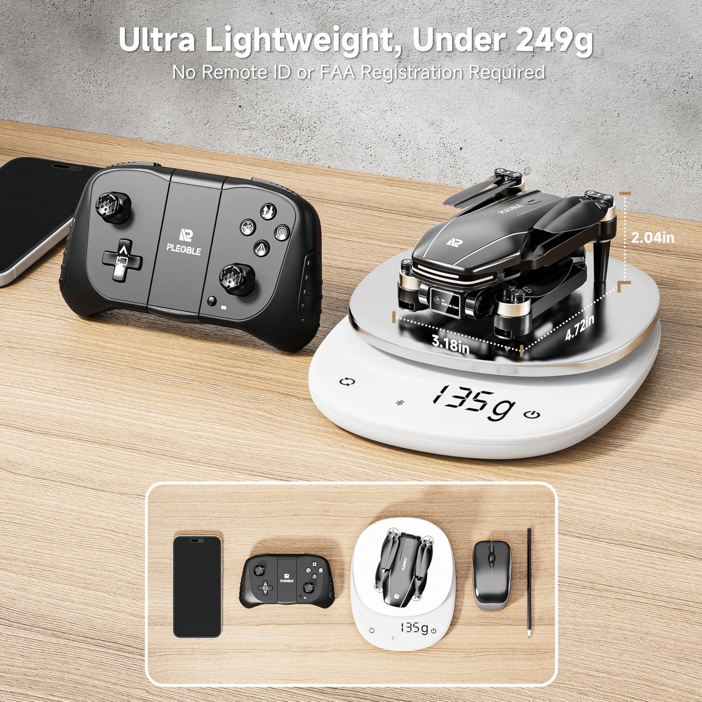 PLEGBLE Drone with Camera 4K for Kids Adults, Brushless Motor Mini Foldable RC Drones with Propeller Guards for Beginners, One Key Take Off/Land, Voice Control, Anti-Lost Alarm, Gift Toys for Men Boys