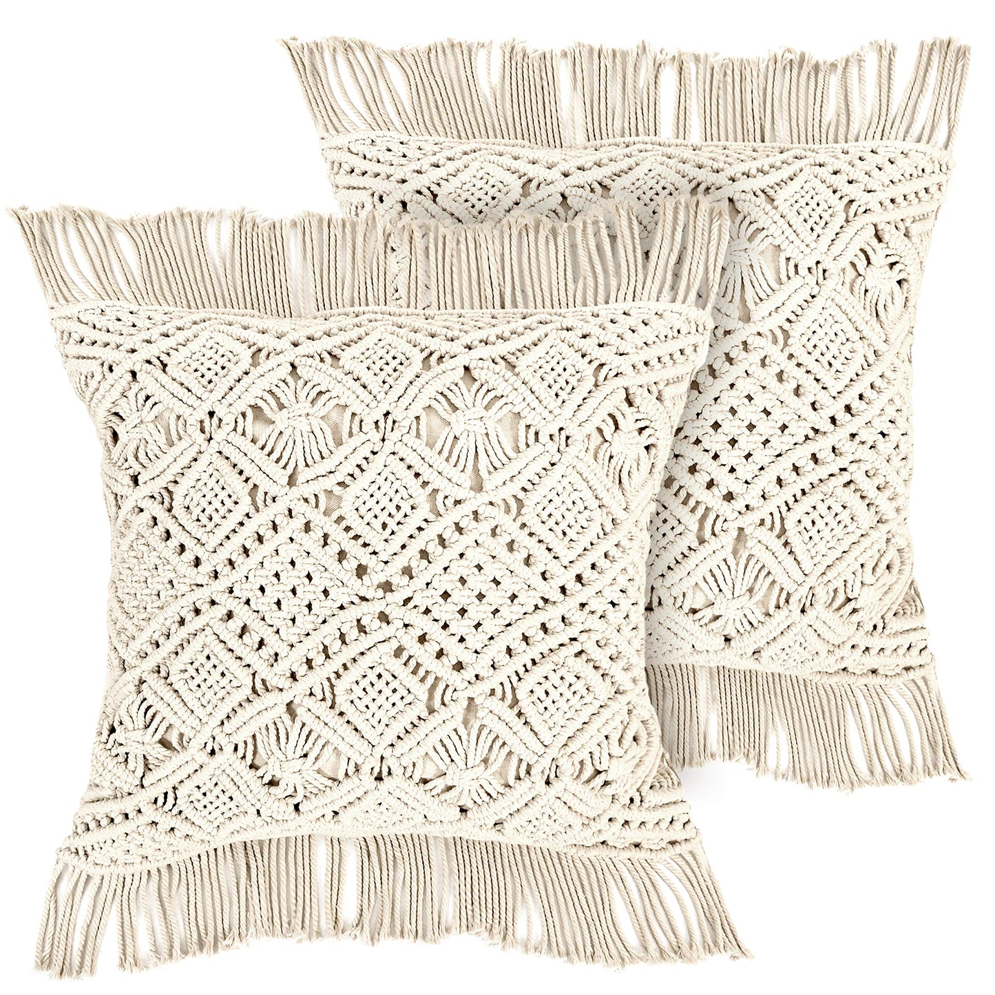 LIVALAYA Macrame Pillow Covers - Set of 2 Ivory Boho Throw Pillow Covers, Farmhouse Woven Bohemian Pillow Cover with Tassels for Bed Couch, Boho Decor Pillows, Decorative Cases for 18 inch Insert