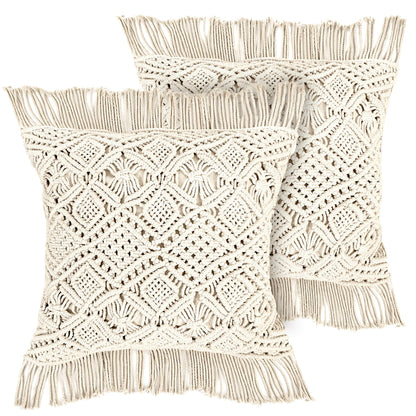 LIVALAYA Macrame Pillow Covers - Set of 2 Ivory Boho Throw Pillow Covers, Farmhouse Woven Bohemian Pillow Cover with Tassels for Bed Couch, Boho Decor Pillows, Decorative Cases for 18 inch Insert