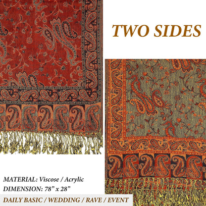 Achillea Soft Silky Reversible Paisley Pashmina Shawl Wrap Scarf w/Fringes (Rust Red)