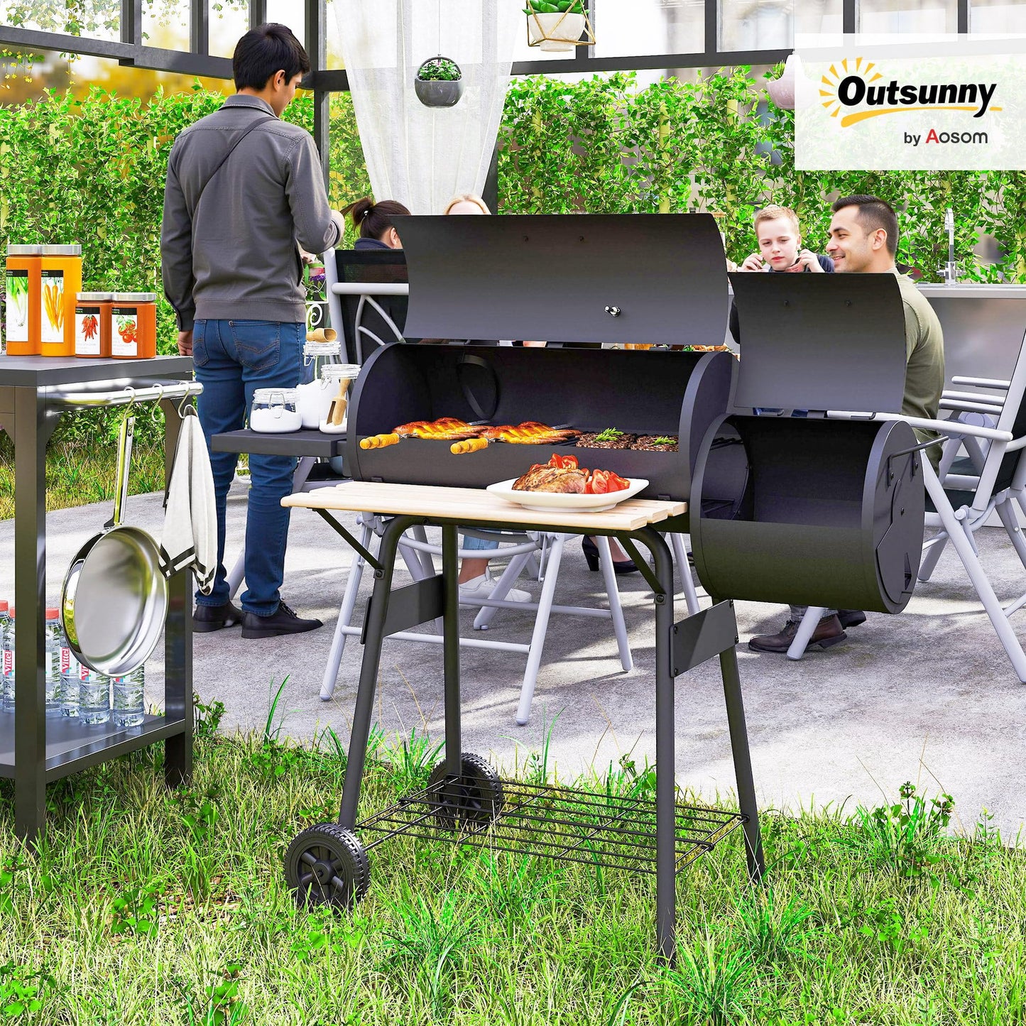 Outsunny 48" Portable Barrel Charcoal BBQ Grill, Steel Outdoor Barbecue Smoker with 232 Square Inches Cooking Space, Storage Shelf, Wheels for Garden Camping Picnic, Black