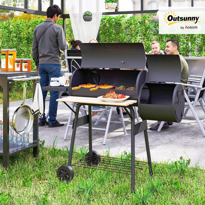 Outsunny 48" Portable Barrel Charcoal BBQ Grill, Steel Outdoor Barbecue Smoker with 232 Square Inches Cooking Space, Storage Shelf, Wheels for Garden Camping Picnic, Black